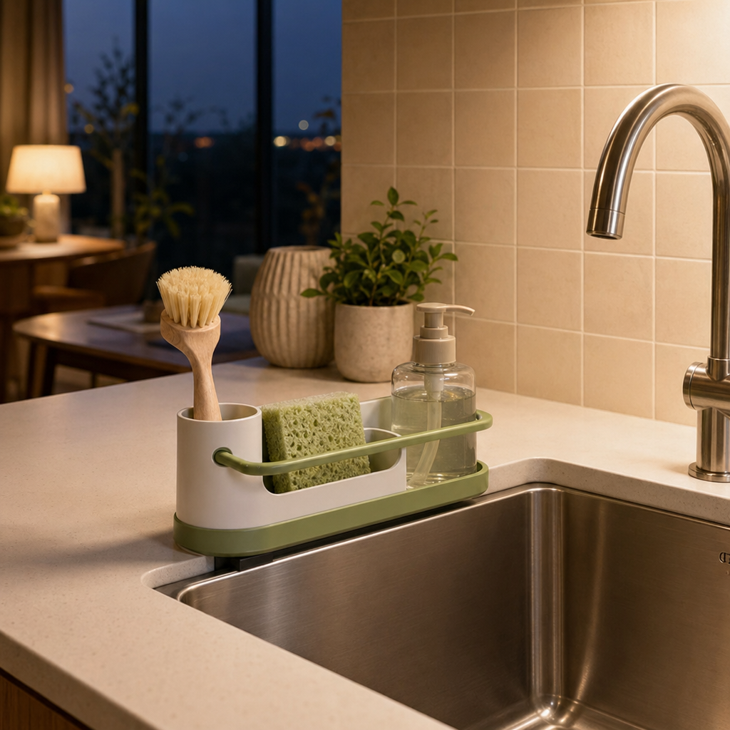 AquaNest Sink Caddy shown from a warm evening angle in a modern kitchen